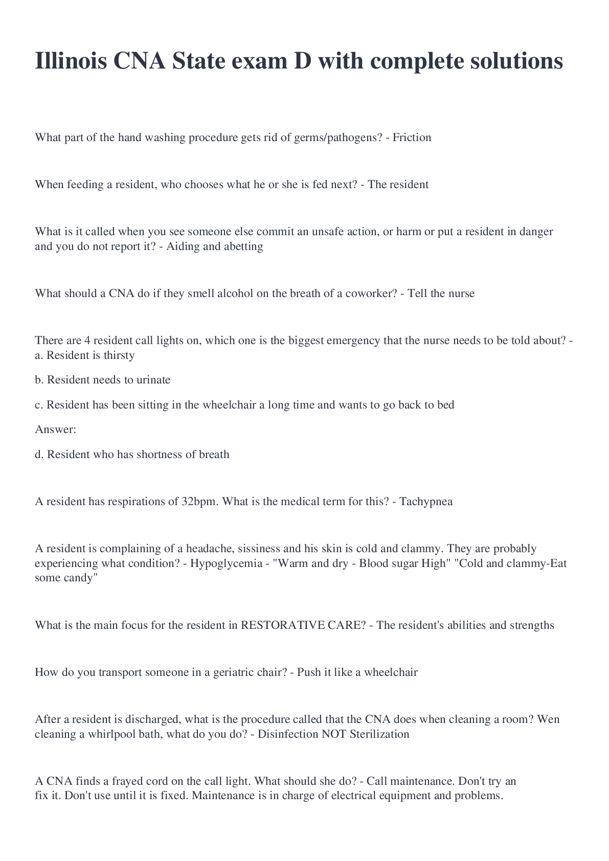 Preview image for Illinois CNA State exam D with complete solutions